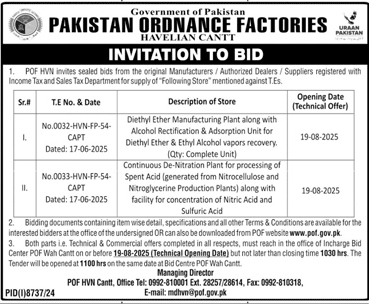 Pakistan Ordnance Factories Havelian Cantt Tender Notice